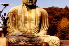 Japan - Kamakura - The city's glorious past has really set its mark on the town. We find temples and shrines and other things the Minamoto emperors left behind. Like this 11.5 metre tall Buddha statue, the most famous structure in Kamakura.
