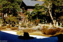 Japan - Kamakura - Temple garden. The gardens in Japanese Buddhist temples are very elaborate. A little dam, raked gravel in defined patterns, rocks, trees, bushes and plants put together into a delicate whole. Japanese gardens are real art treasures. Here monks, believers and others can come and relax, philosophise and meditate on the central truths of life.