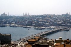Turkey - Istanbul - The Galata Bridge across The Golden Horn, taken from the Galata Tower. The Blue Mosque is to the left