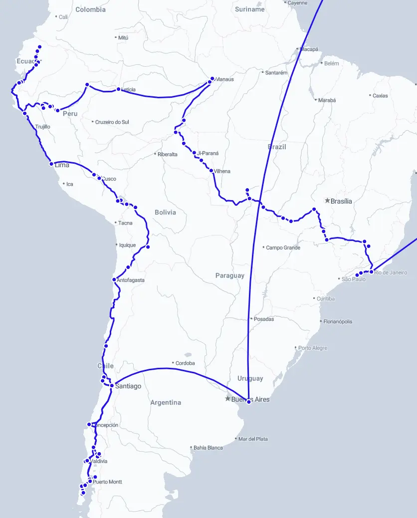 Map of the journey through South America