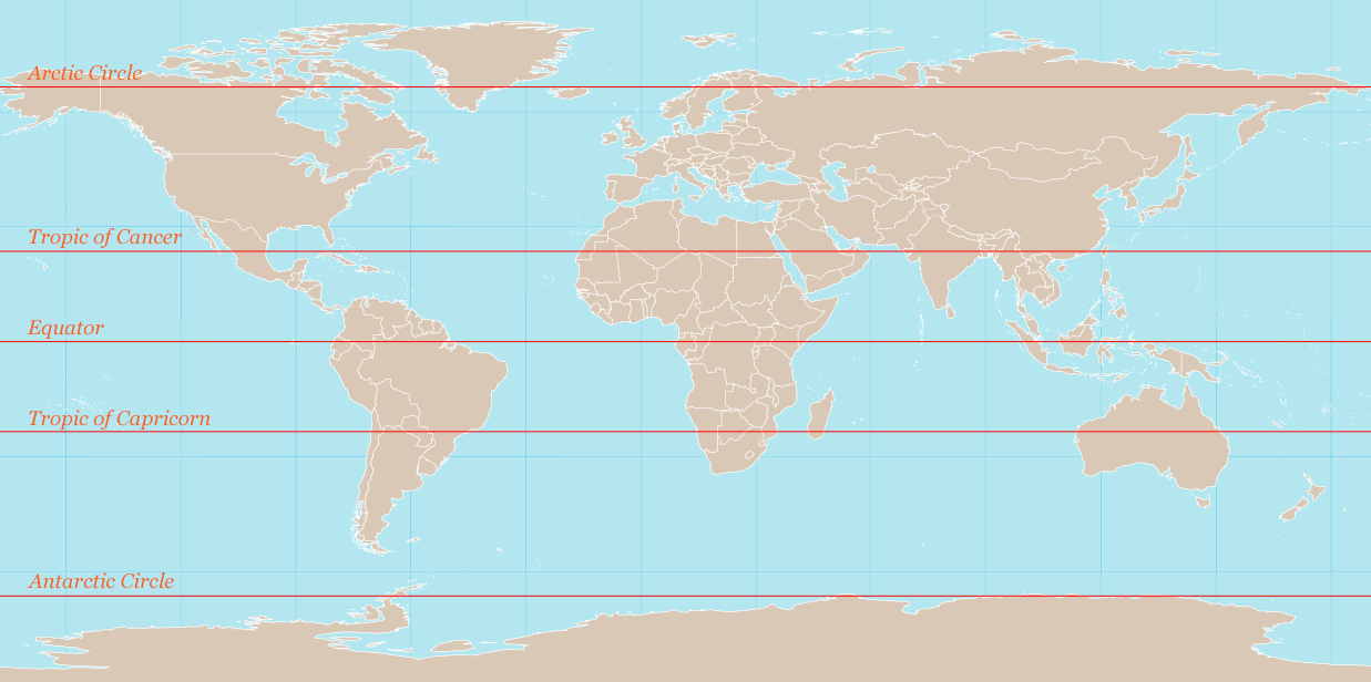 World map with major latitude circles. Wikimedia Commons - Creative Commons Attribution-Share Alike 3.0 Unported license.