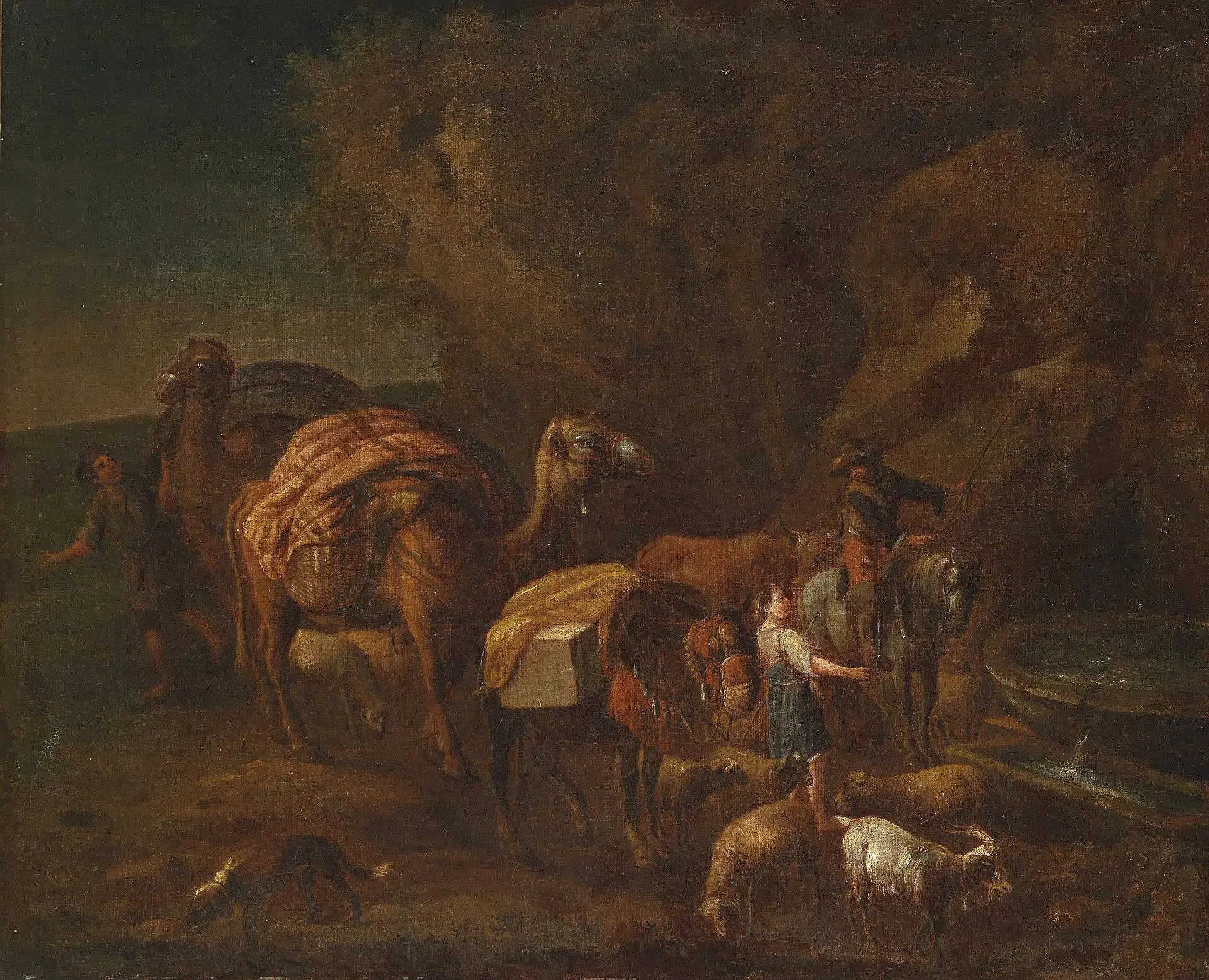 Oriental Landscape with Camel Drivers and Herdsmen (Nicolaes P. Berchem, 17th century)